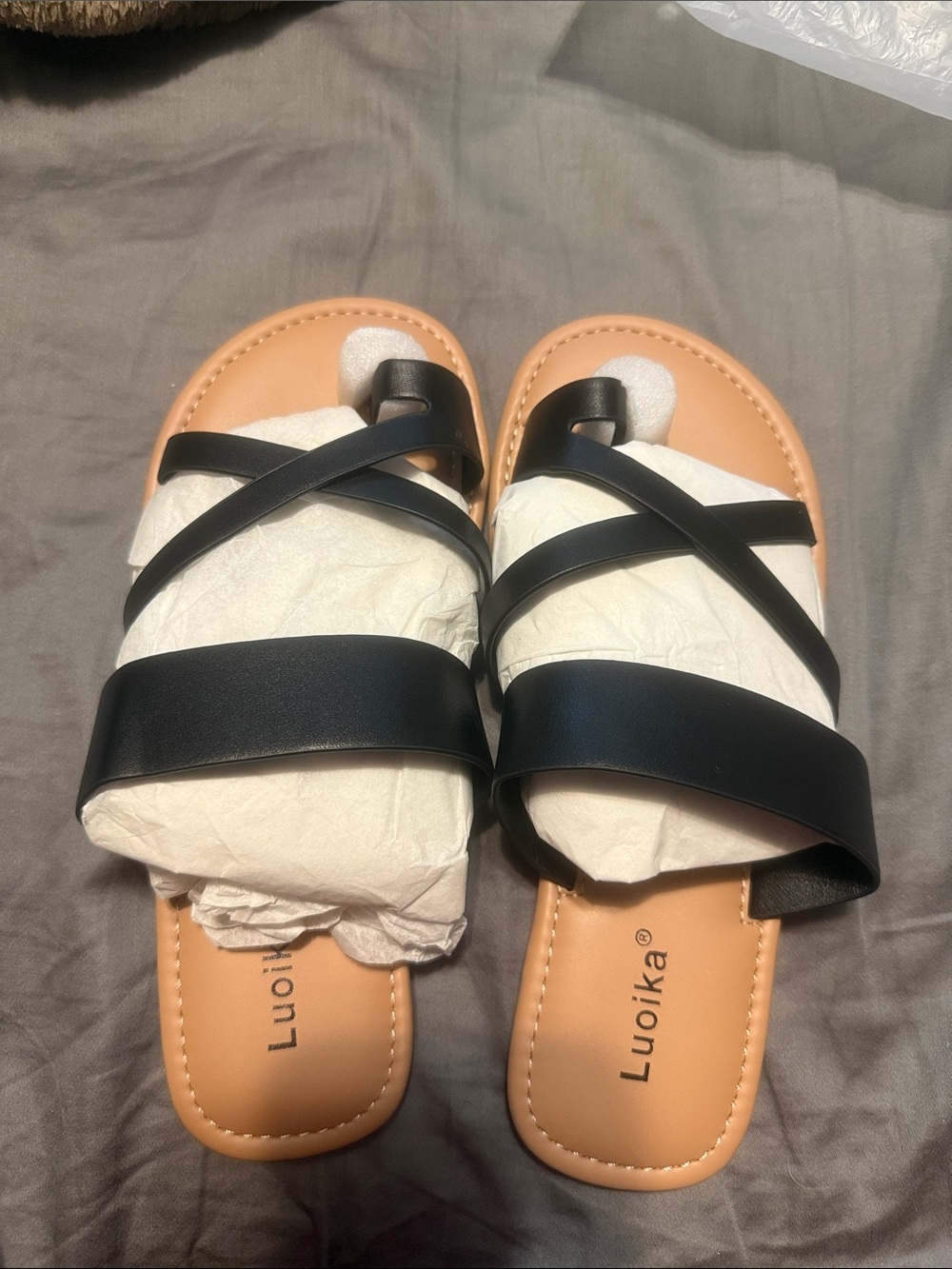Luojka Black Strappy Slide Sandals with Tan Footbed